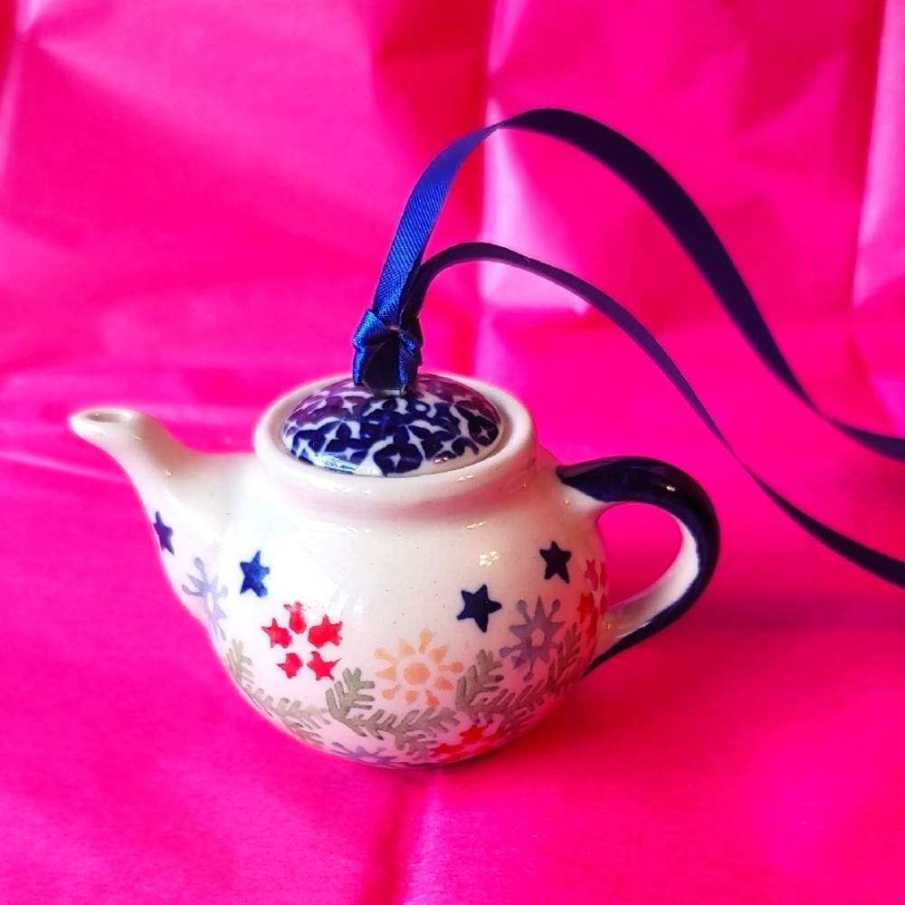 NWOT Decorative Teapot Ornament with Blue Ribbon